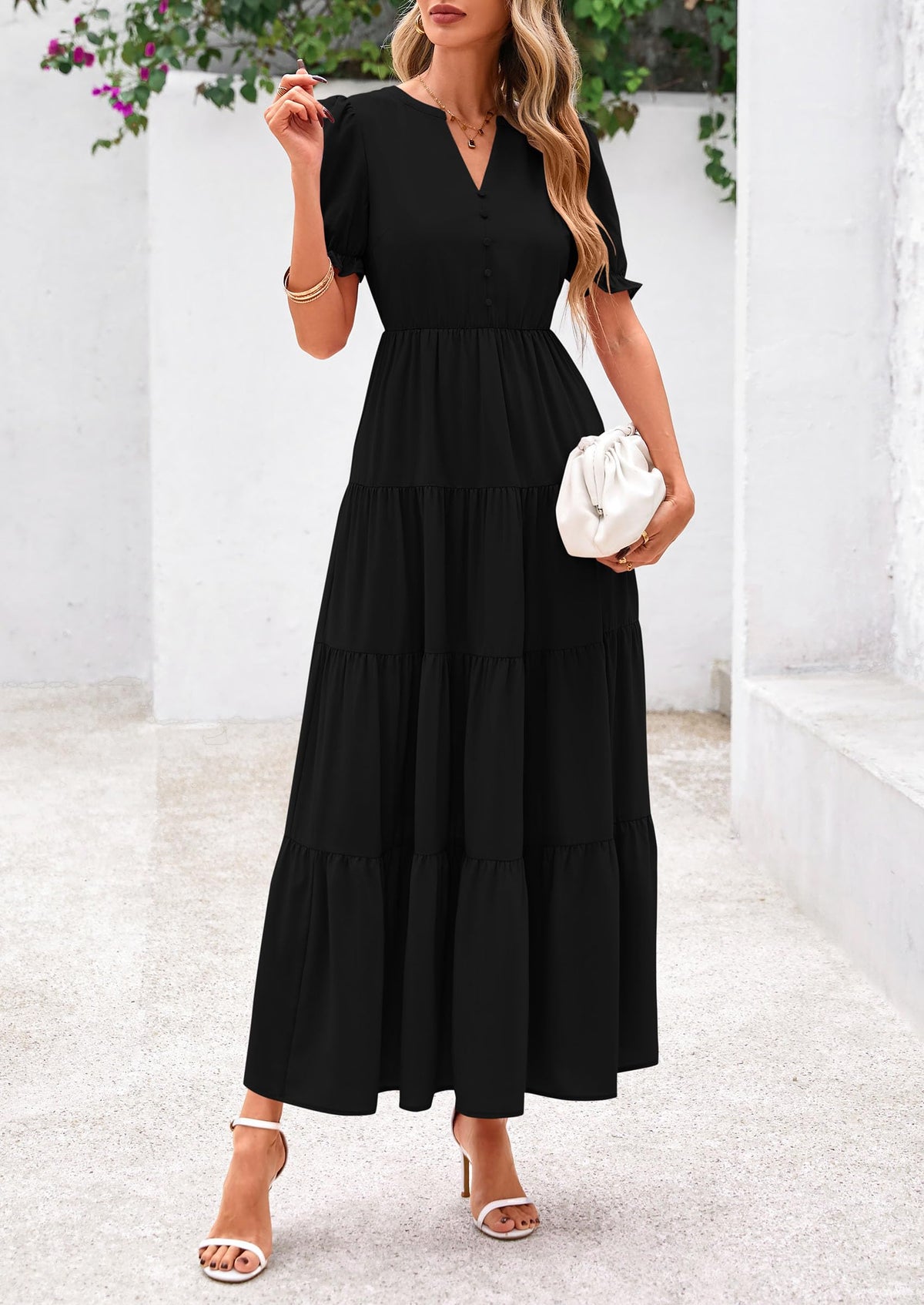 Casual Short Sleeve V Neck Tiered Flowy Beach Vacation Maxi Dress with Pockets