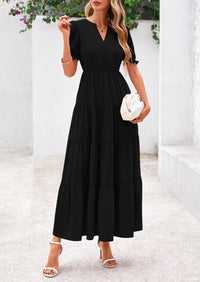 Casual Short Sleeve V Neck Tiered Flowy Beach Vacation Maxi Dress with Pockets
