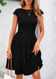 Crew neck Cap Sleeve Ribbed Knit Casual Flowy A Line Mini Dress with Pockets