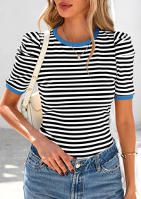 Puff Sleeve Casual Ribbed Knit Color Block Striped Pullover T-shirts