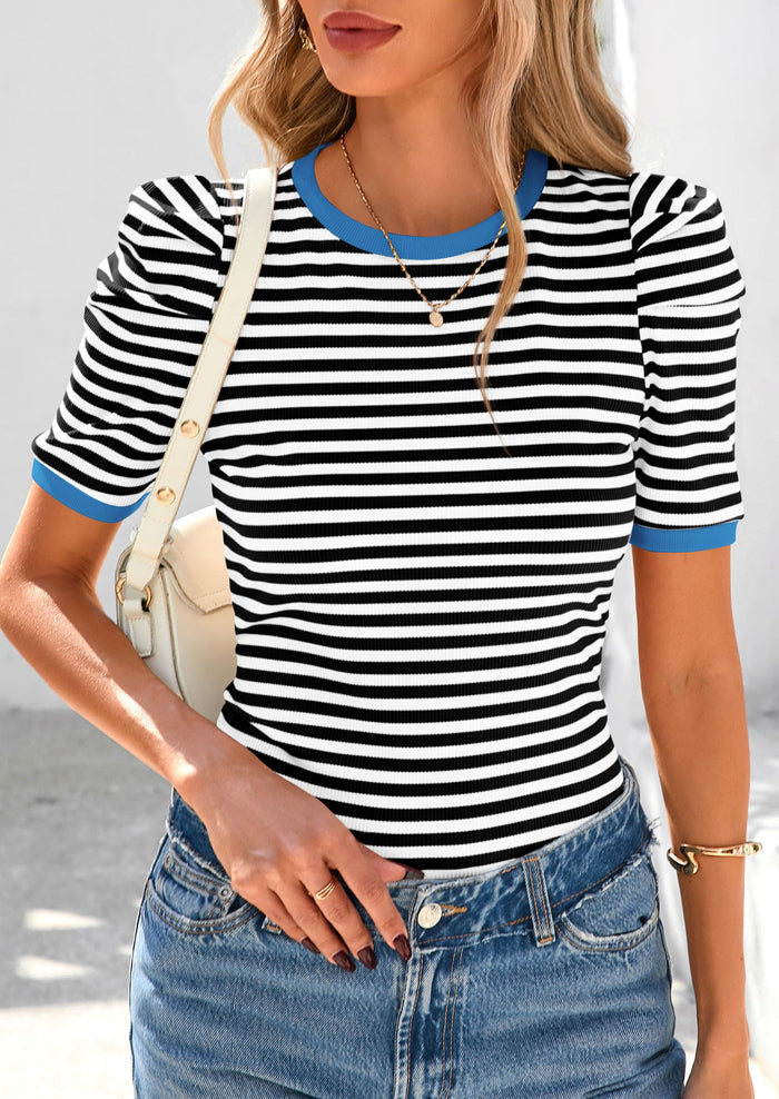 Puff Sleeve Casual Ribbed Knit Color Block Striped Pullover T-shirts