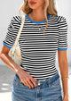 Puff Sleeve Casual Ribbed Knit Color Block Striped Pullover T-shirts