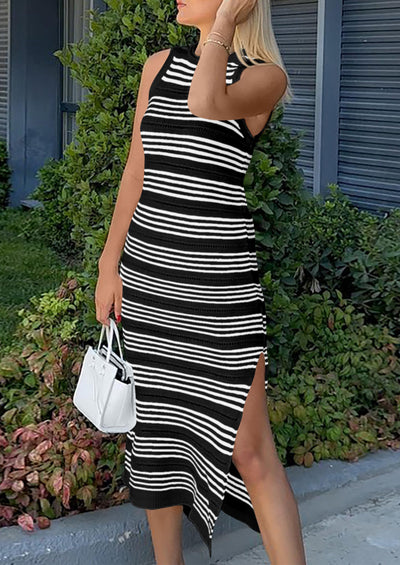 Knit Side Slit Striped Long Tank Dress