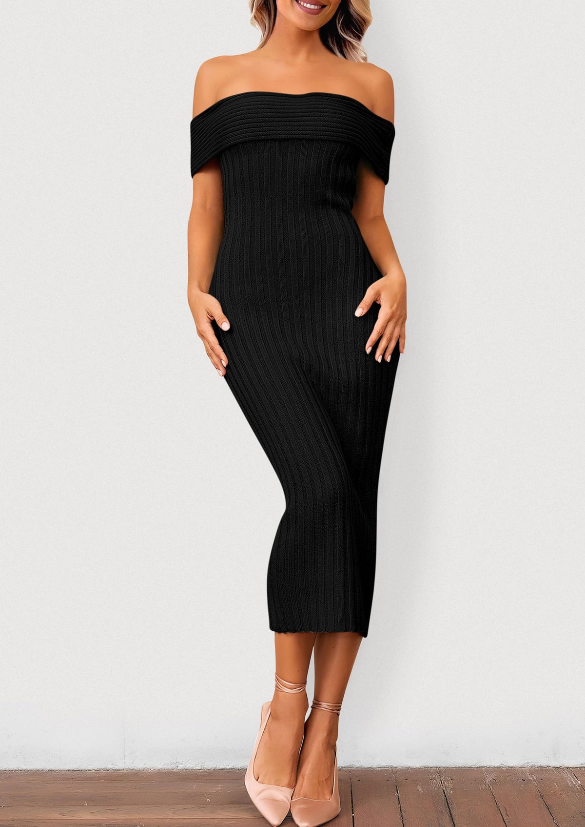 Off The Shoulder Elegant Ribbed Knit Bodycon Wedding Guest Sweater Midi Dresses