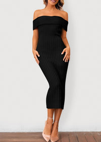 Off The Shoulder Elegant Ribbed Knit Bodycon Wedding Guest Sweater Midi Dresses