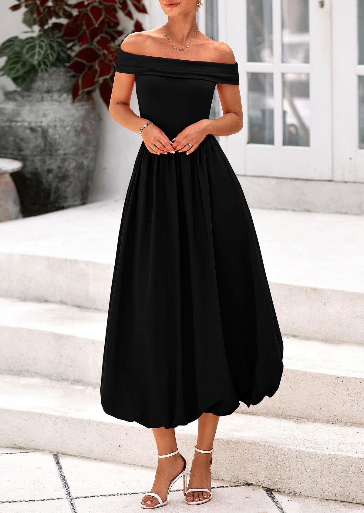 Off Shoulder Sleeveless A Line Midi Dress with Pockets