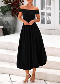 Off Shoulder Sleeveless A Line Midi Dress with Pockets