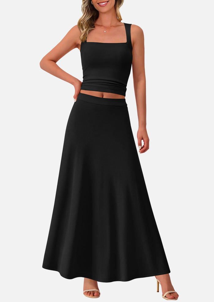 Crop Tank Top Flowy Midi Skirts Ribbed Knit Casual Two Piece Skirt Set
