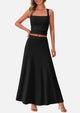 Crop Tank Top Flowy Midi Skirts Ribbed Knit Casual Two Piece Skirt Set