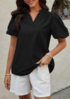 PRETTYGARDEN Womens Casual Summer Tops V Neck Short Puff Sleeve Pleated Cotton T Shirts Loose Dressy Blouses