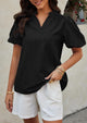 Casual V Neck Short Puff Sleeve Pleated Cotton Loose Blouses