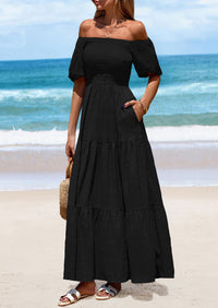 Puff Short Sleeve Square Neck Smocked Tiered Ruffle A Line Flowy Beach Maxi Dresses