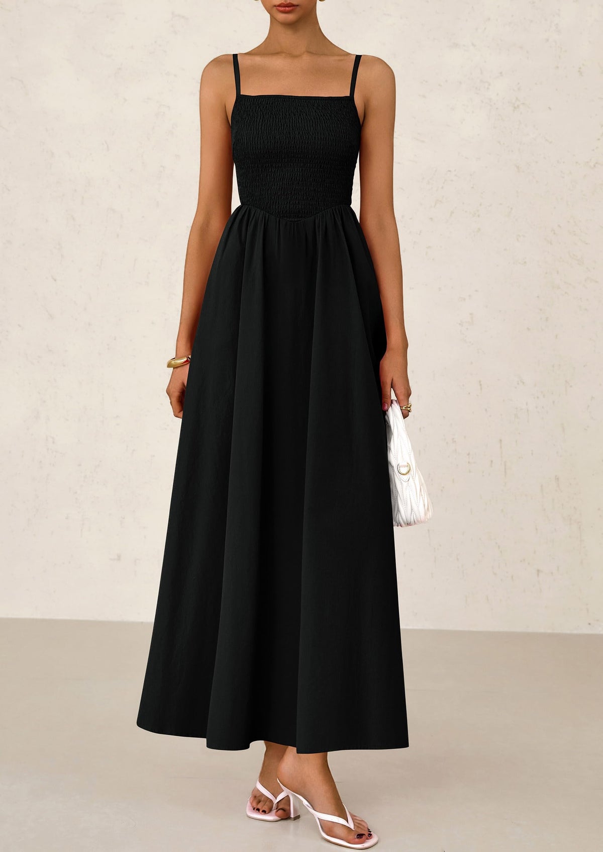Smocked Beach Casual Spaghetti Strap Swing A Line Flowy Maxi Dresses
