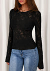 PRETTYGARDEN Womens Lace Long Bell Sleeve Tops Fall Sexy See Through Sheer Floral Blouse Shirt Fitted Going Out Outfits