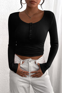 Long Sleeve Henley Button Down Ribbed Knit Slim Fit Casual T-shirts