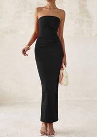 Strapless Tube Bodycon Ruched Slit Maxi Dresses