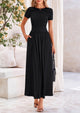 Casual Short Sleeve Ruched Patchwork A Line Pleated Swing Maxi Dresses with Pockets