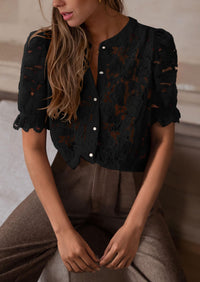 Lace Puff Sleeve Casual Dressy Eyelet Crew Neck Button Down Blouses