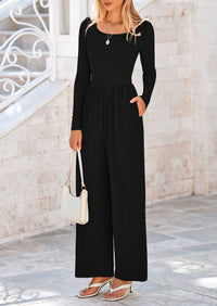 Solid Color Casual Long Sleeve Wide Leg Pants Jumpsuits