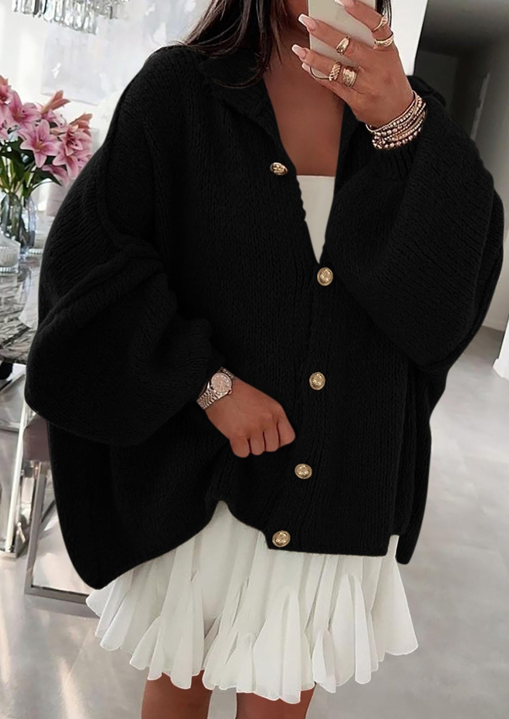 PRETTYGARDEN Women's Winter Button Down Cardigan Sweaters Mock Neck Lantern Long Sleeve Chunky Knit Jacket Trendy Outerwear