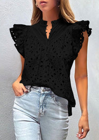 Casual Ruffle Cap Sleeve Button V Neck Embroidered Eyelet Blouses