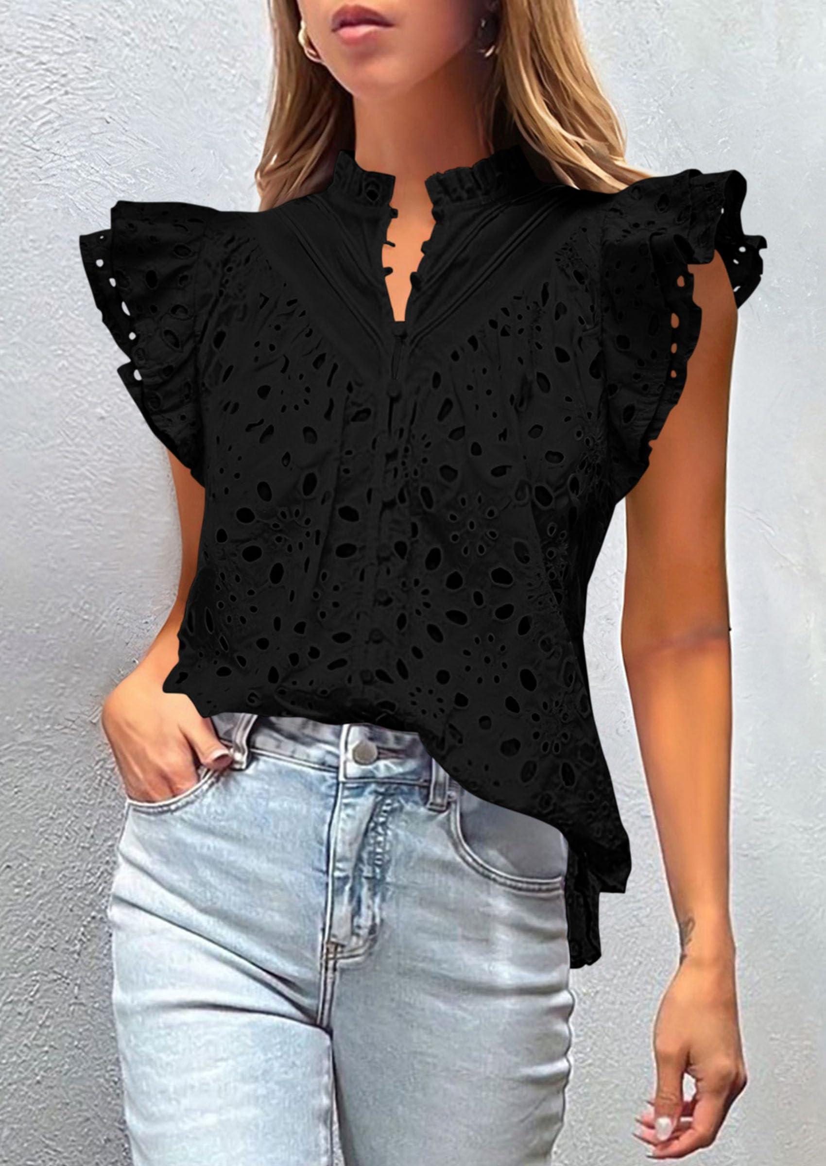 PRETTYGARDEN Womens Summer Tops 2025 Dressy Casual Ruffle Cap Sleeve Button V Neck Embroidered Eyelet Blouses Shirts