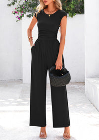 Dressy Ribbed Cap Sleeve Wide Leg Pants Elegant Casual Jumpsuits