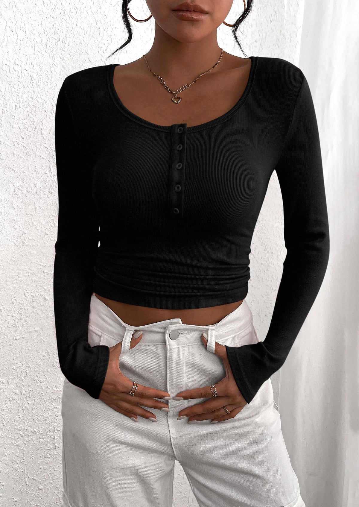 Long Sleeve Henley Button Down Ribbed Knit Slim Fit Blouse