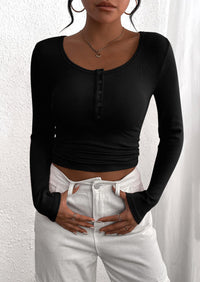 Long Sleeve Henley Button Down Ribbed Knit Slim Fit Blouse