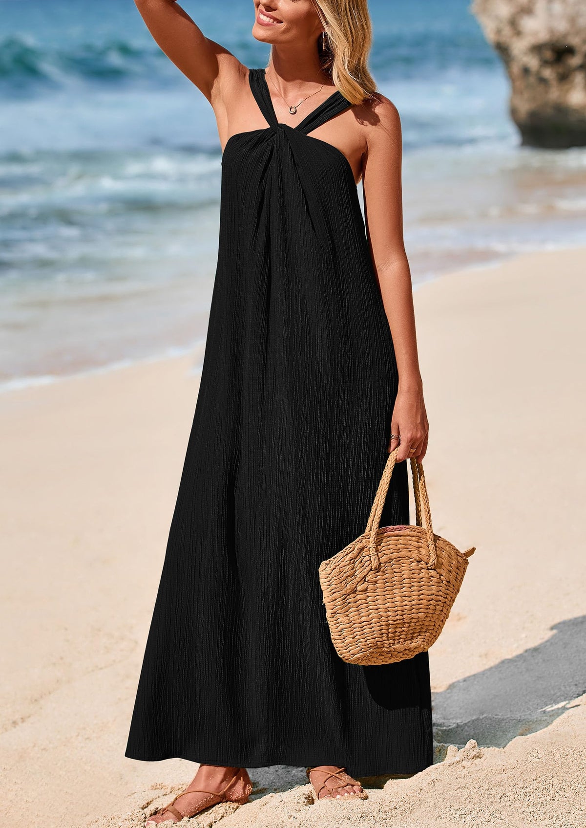 Casual Sleeveless Strappy Loose Flowy Beach Maxi Dress with Pockets