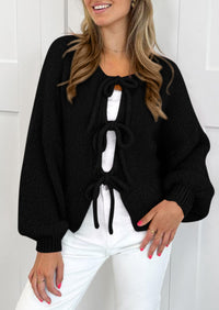 PRETTYGARDEN Women's Tie Front Bow Cardigan Sweaters Chunky Knit Long Puff Sleeve Trendy Fall Winter Jacket Coats