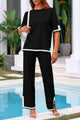 Casual Short Sleeve Knit Sweater Tops Wide Leg Pants 2 Piece Sets