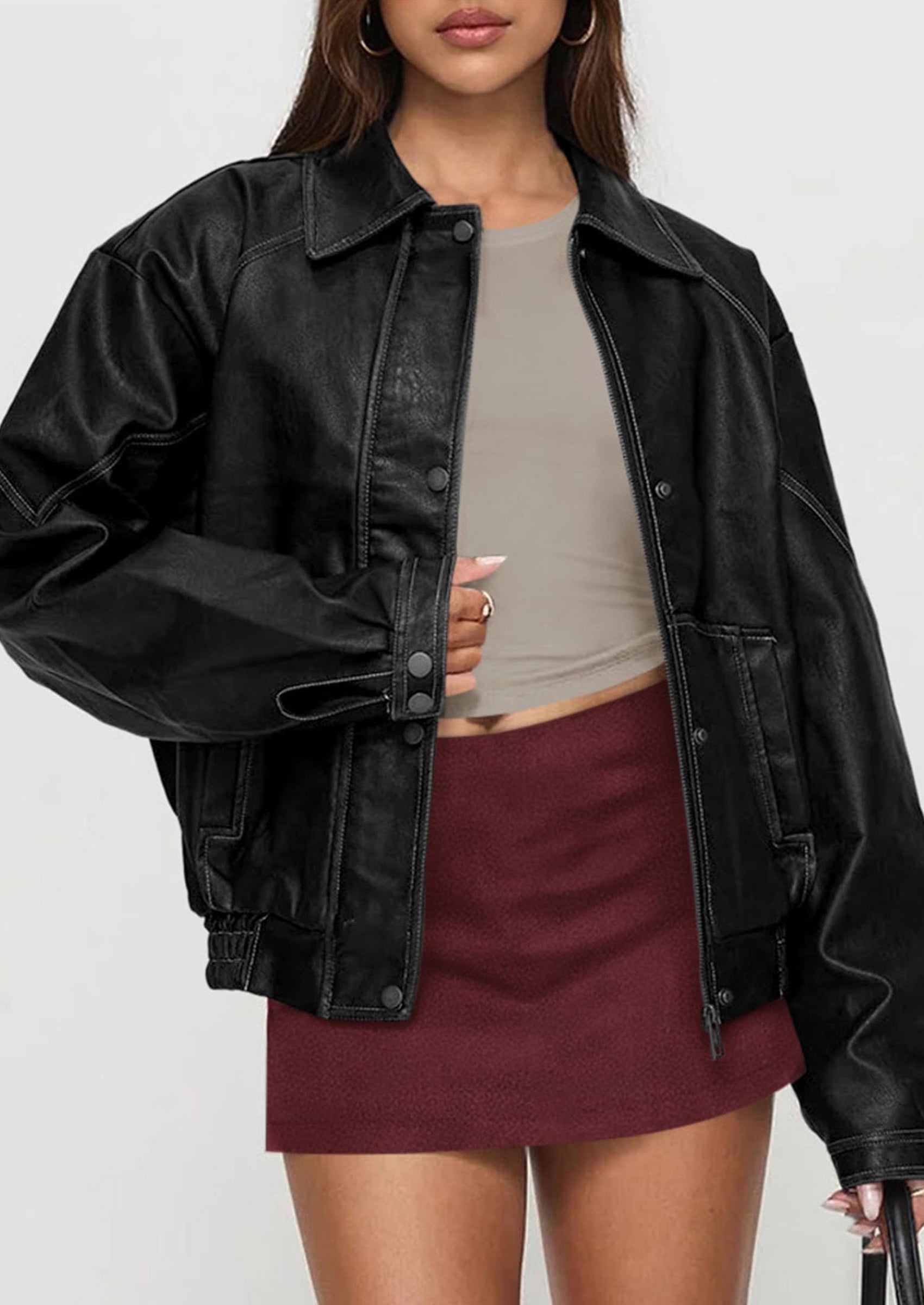 PRETTYGARDEN Faux Leather Jacket Women Bomber Motorcycle Zip Up Jackets Oversized Fall Fashion Outfits Winter Coats