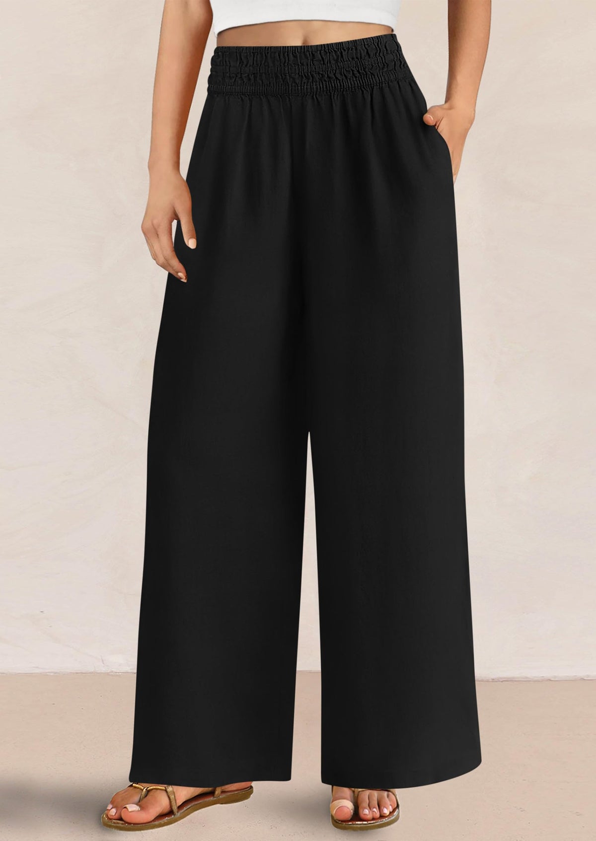 Casual Elastic Waist Loose Flowy Palazzo Pants Trousers with Pockets
