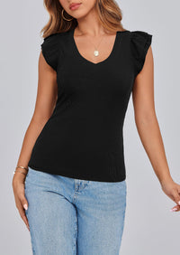 V Neck Ruffle Sleeveless Slim Fit Casual T-shirts