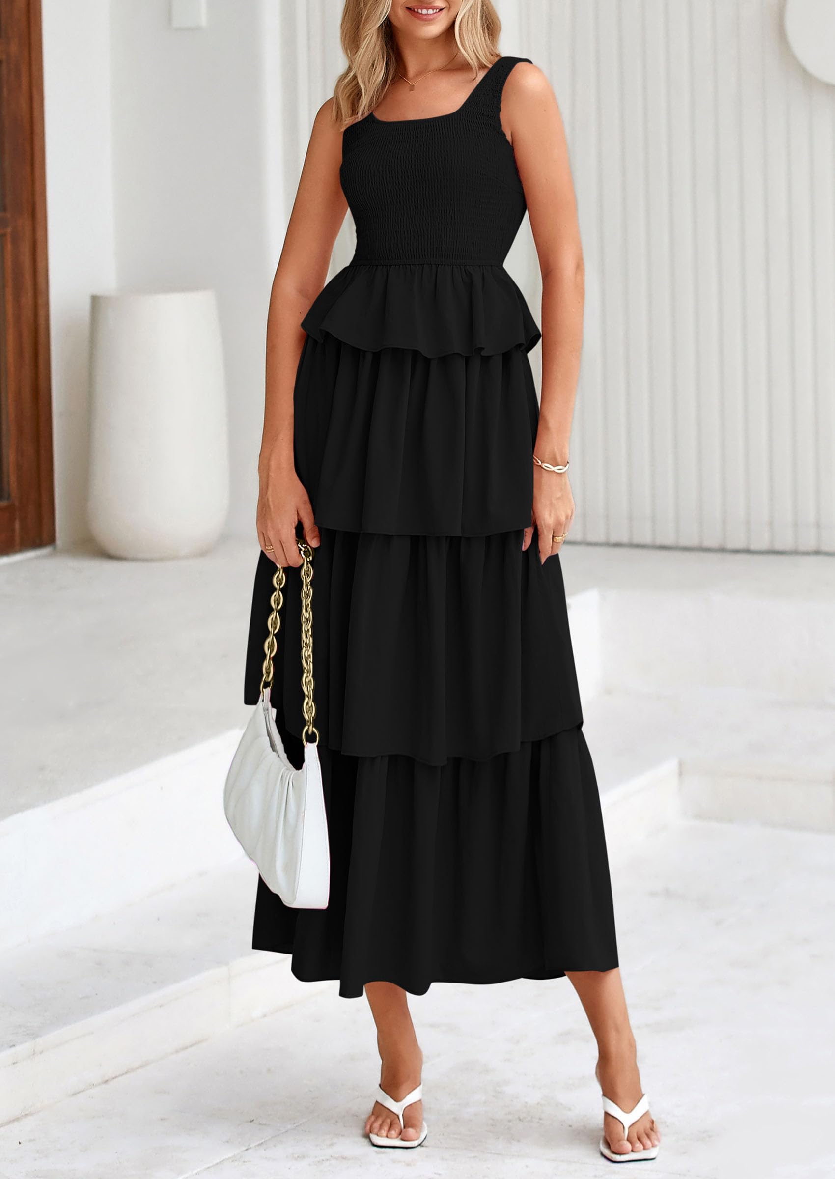 PRETTYGARDEN Womens Summer Sleeveless Midi Dress Scoop Neck A Line Smocked Ruffle Tiered Layered Beach Vacation Dresses