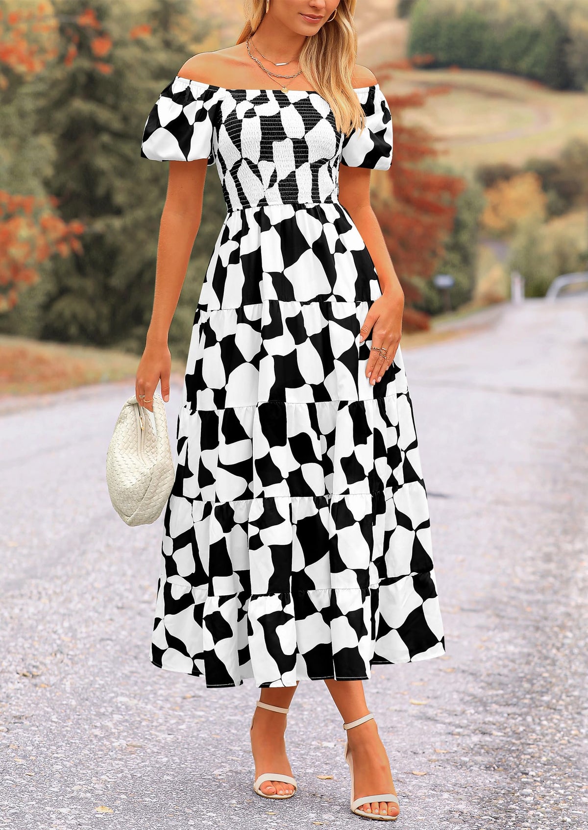 Off Shoulder Puff Sleeve Print Smocked Ruffle Beach Flowy Boho Midi Dress