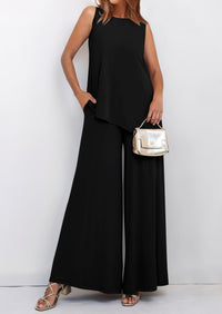 Asymmetrical Split Tank Tops Wide Leg Pants  Two Piece Sets