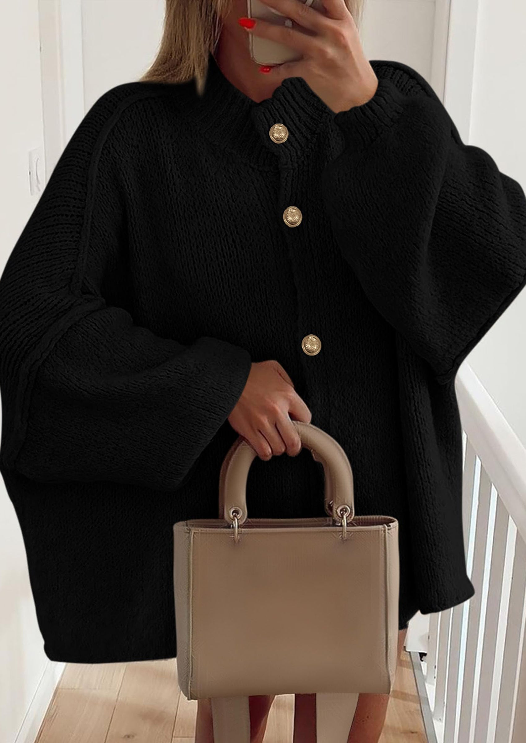 PRETTYGARDEN Women's Winter Button Down Cardigan Sweaters Mock Neck Lantern Long Sleeve Chunky Knit Jacket Trendy Outerwear