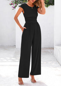 Dressy Ribbed Cap Sleeve Wide Leg Pants Elegant Casual Jumpsuits