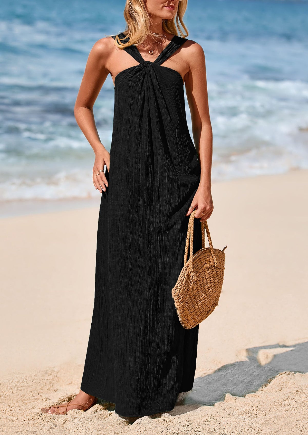 Casual Sleeveless Strappy Loose Flowy Beach Maxi Dress with Pockets