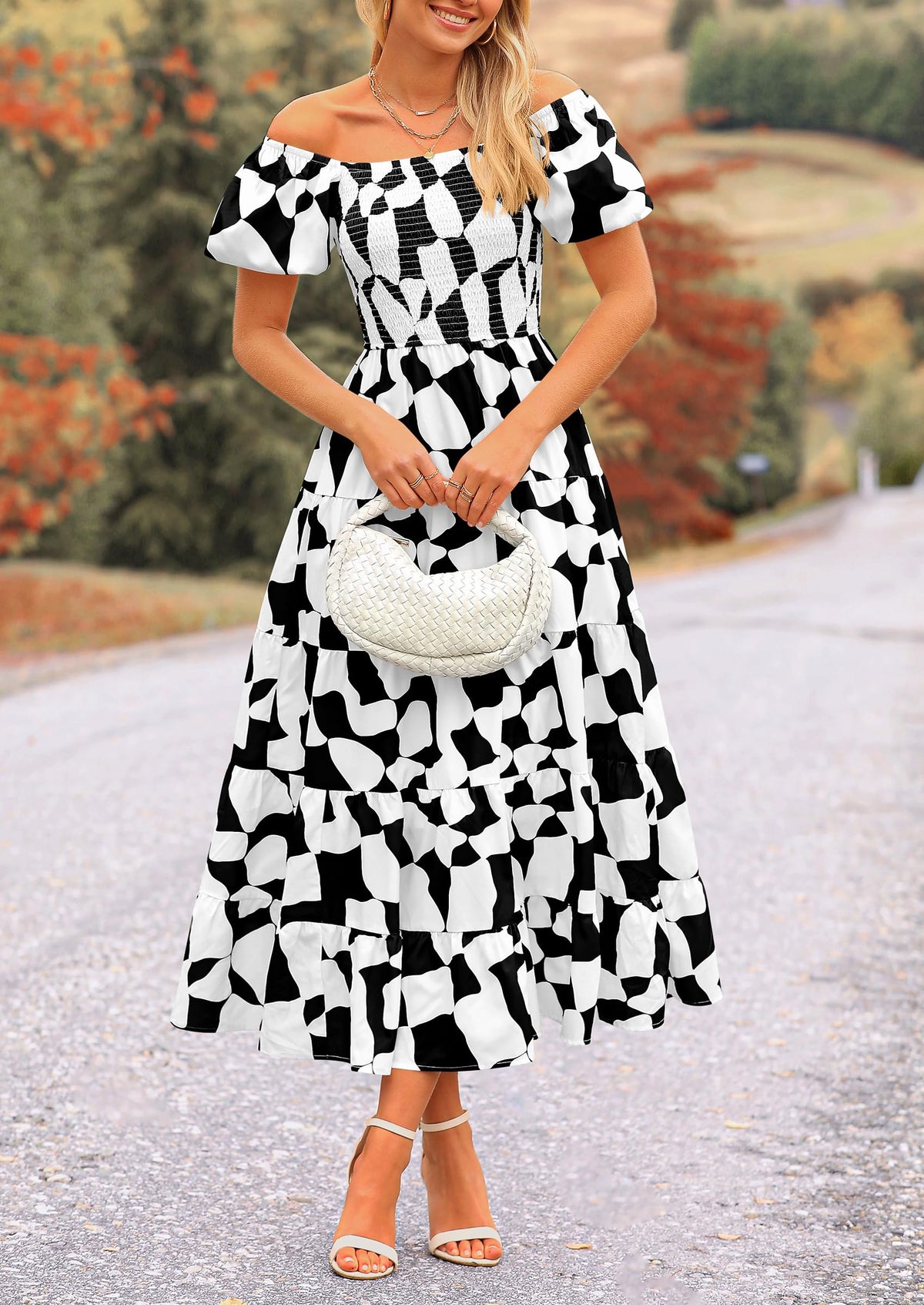 Off Shoulder Puff Sleeve Print Smocked Ruffle Beach Flowy Boho Midi Dress