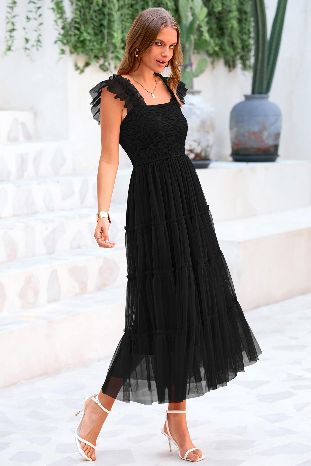 Casual Sleeveless Smocked Ruffle Tulle Flowy Beach Sundress