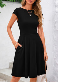 Crew neck Cap Sleeve Ribbed Knit Casual Flowy A Line Mini Dress with Pockets