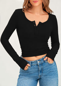 Long Sleeve Henley Ribbed Knit Button Up Slim Fitted Basic Casual T-shirts