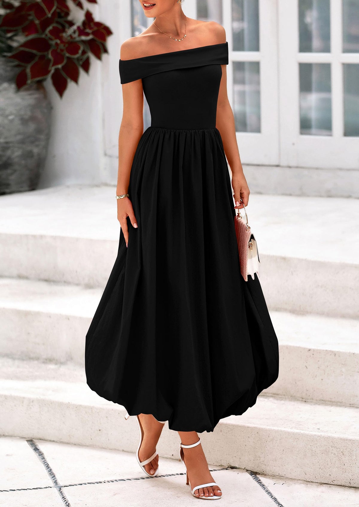 Off Shoulder Sleeveless A Line Midi Dress with Pockets