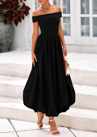 Off Shoulder Sleeveless A Line Midi Dress with Pockets