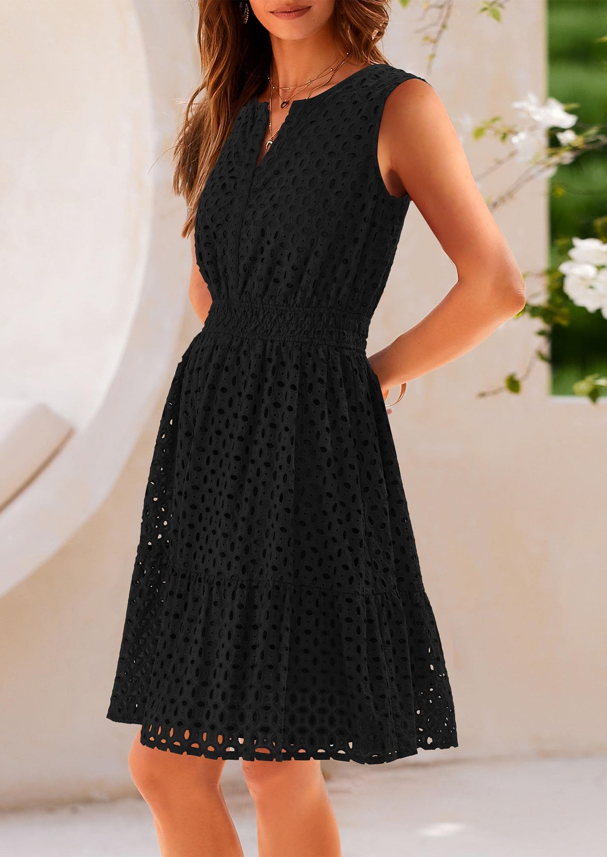 Sleeveless V Neck Eyelet Hollow Out Swing A Line Beach Vacation Dresses