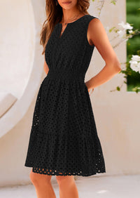 Sleeveless V Neck Eyelet Hollow Out Swing A Line Beach Vacation Dresses