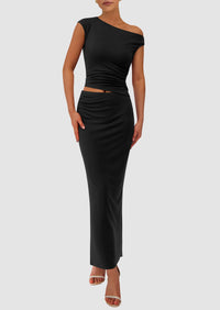 One Shoulder Sleeveless Ruched Slit Bodycon Two Piece Skirt Set